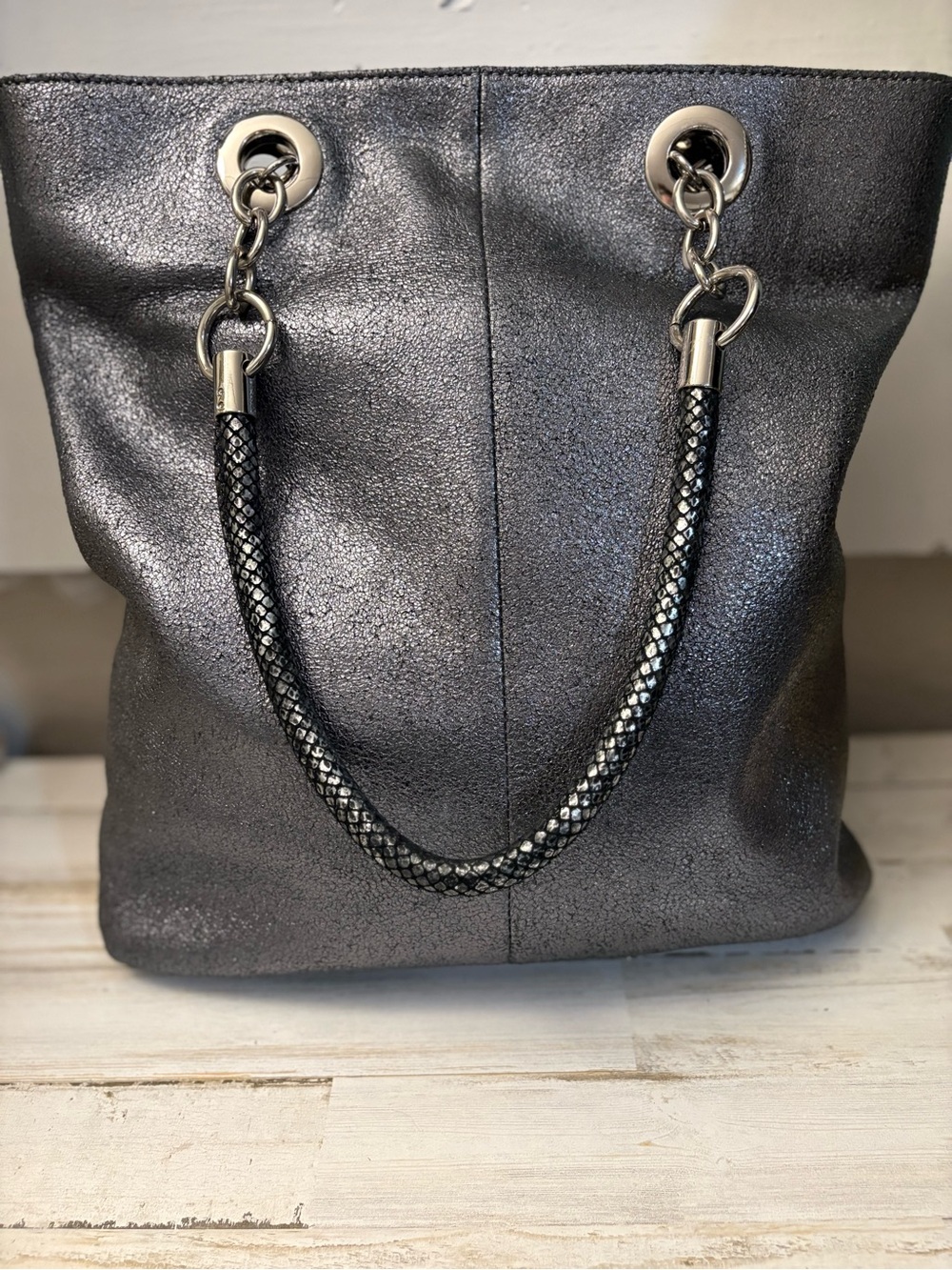 Cynthia Rowley Metallic Black Shoulder Tote with Braided Chain Handle